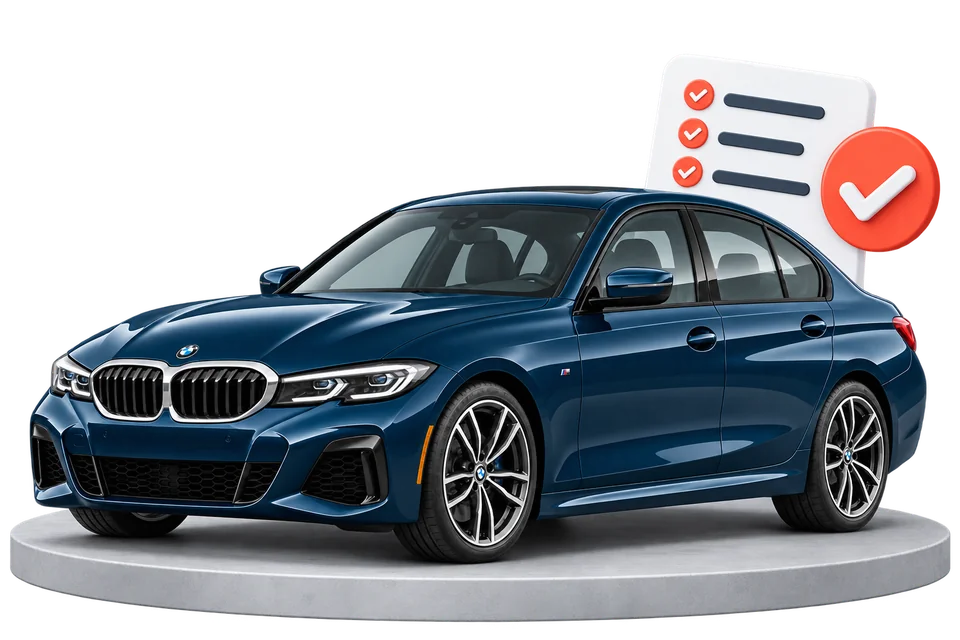 Modré BMW na plošině vedle kontrolního seznamu